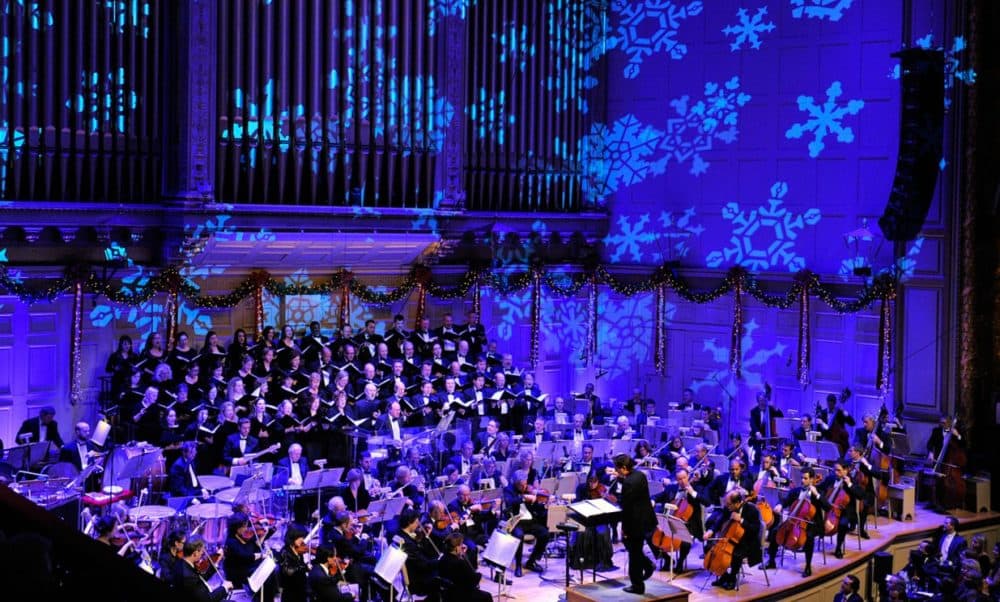 Keith Lockhart conducts the Holiday Pops show in 2017. (Courtesy Stu Rosner/Boston Pops)