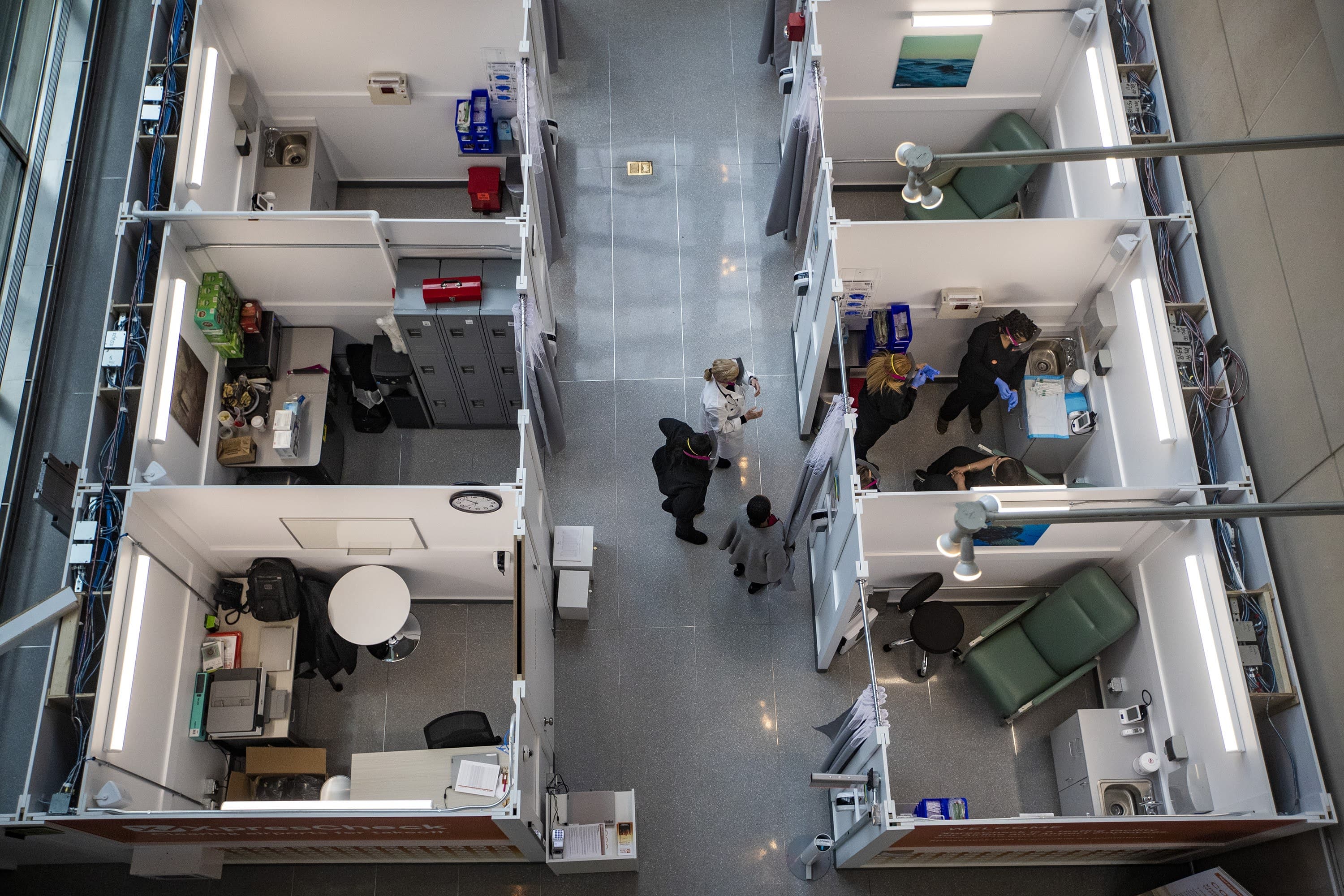 An overhead view of the XpresCheck COVID testing facility in Terminal E at Logan Airport on Wednesday. (Jesse Costa/WBUR)