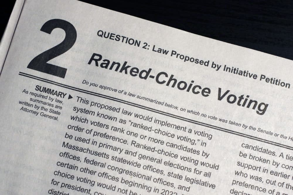 A summary of Ballot Question 2, known as a &quot;Ranked-Choice Voting&quot; law, in the Nov. 3, 2020, Massachusetts election is displayed in a handbook provided to voters by the Secretary of the Commonwealth, Wednesday, Sept. 23, 2020 in Marlborough, Mass. (Bill Sikes/AP)