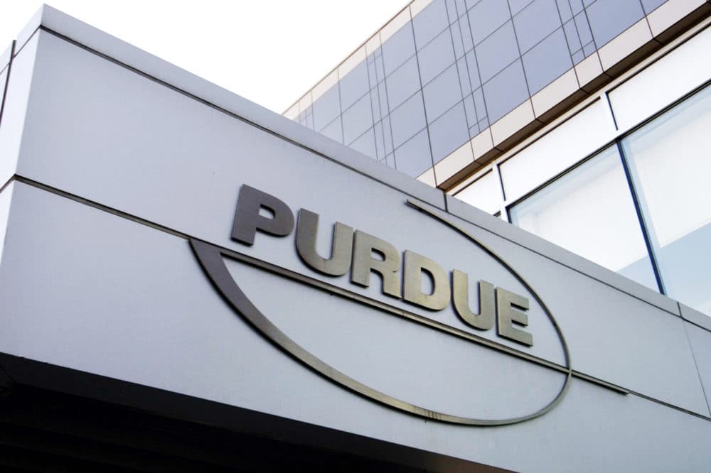 This May 8, 2007, file photo shows the Purdue Pharma logo at its offices in Stamford, Conn. (Douglas Healey/AP File)