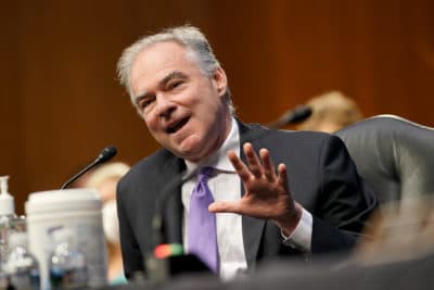 Sen. Tim Kaine asks a question to Secretary of State Mike Pompeo during a Senate Foreign Relations Committee hearing to discuss the Trump administration’s FY 2021 budget request for the State Department on July 30, 2020 in Washington, DC. (Greg Nash-Pool/Getty Images)
