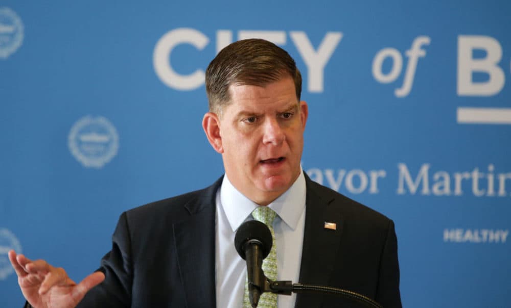 Boston Mayor Marty Walsh speaks at a morning press conference at City Hall in Boston on Sept. 30, 2020. (Jonathan Wiggs/The Boston Globe via Getty Images)