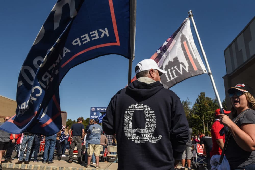 A person wears a QAnon sweatshirt during a pro-Trump rally on October 3, 2020, in New York City. (Stephanie Keith/Getty Images)