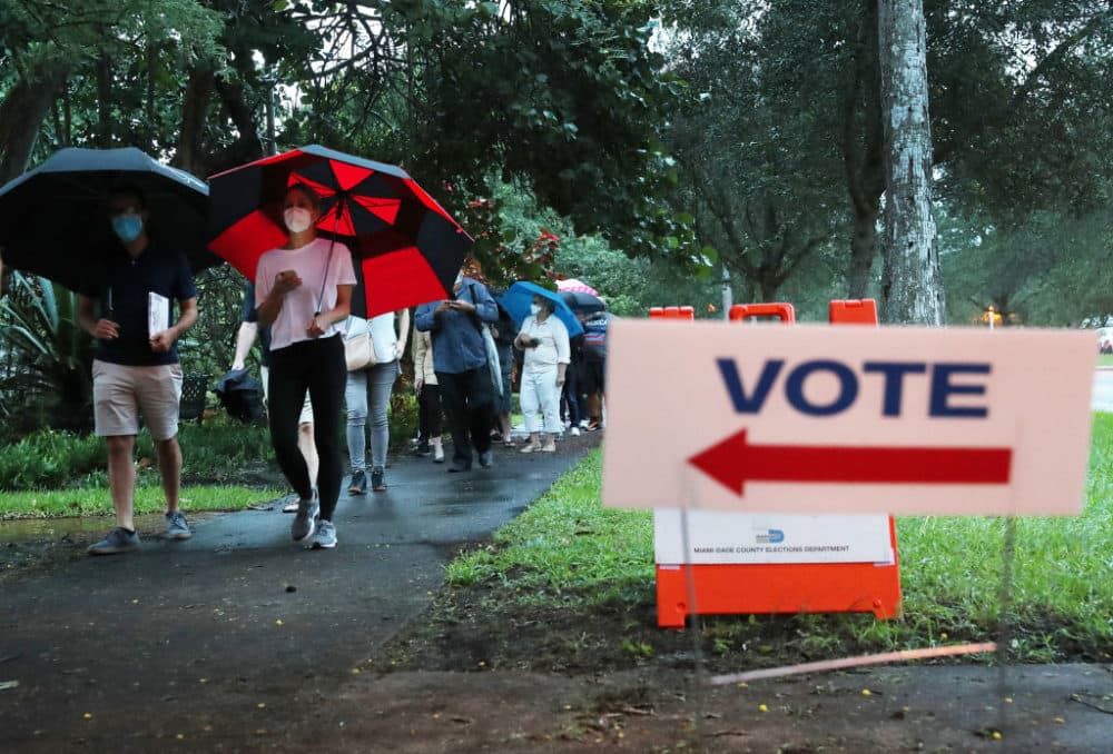 Voters wait in line to cast their early ballots at the Coral Gables Branch Library precinct on October 19, 2020 in Coral Gables, Florida. (Joe Raedle/Getty Images)