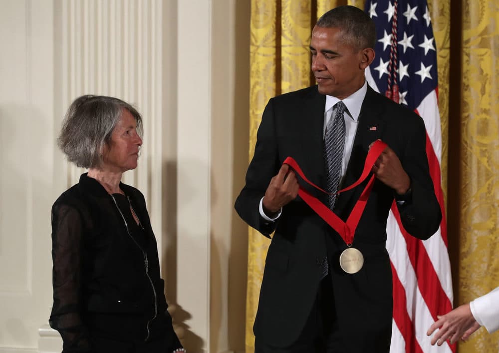 President Barack Obama presents the National Humanities Medal to poet Louise Gluck during an East Room ceremony at the White House on Sept. 22, 2016, in Washington, D.C. (Alex Wong/Getty Images)