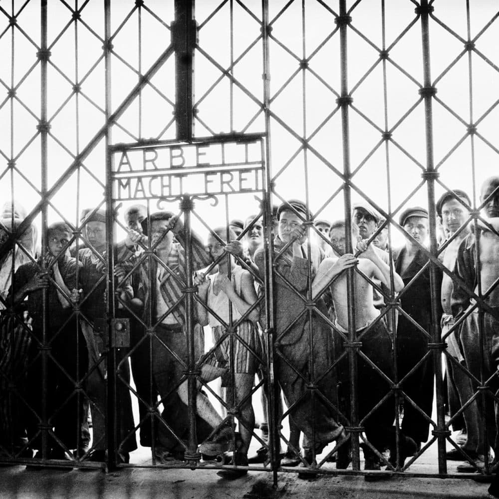 The main entrance to Dachau concentration camp on April 29, 1945, the day of its liberation. (Maurice EDE/Gamma-Rapho via Getty Images)