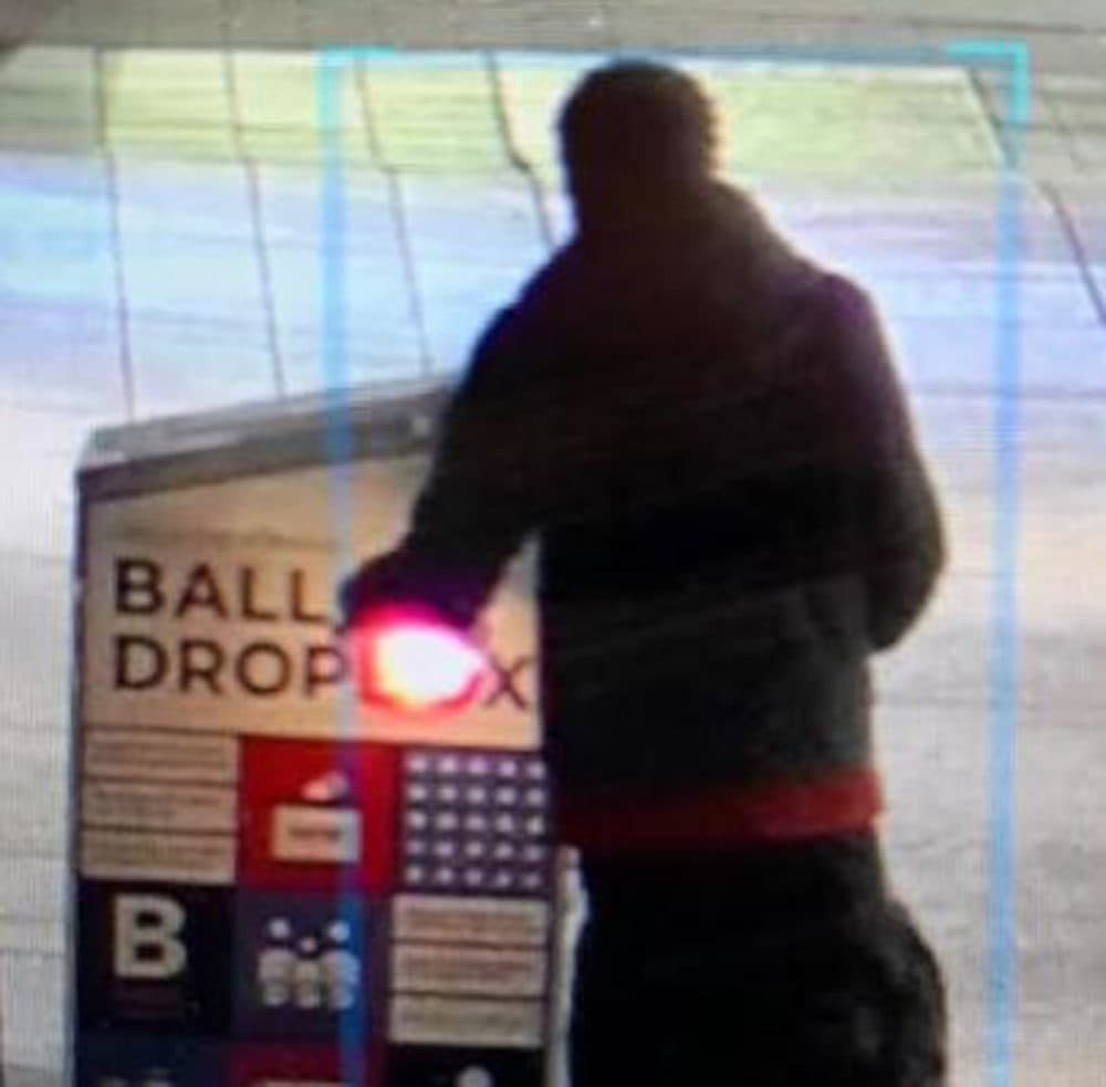 A surveillance image, released by Boston police, of a person they are attempting to identify as part of the investigation of the ballot box fire. (Courtesy Boston Police Department)