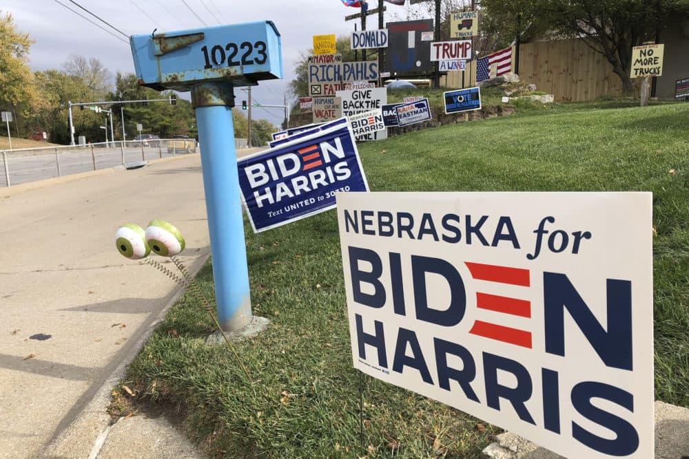 A Joe Biden presidential campaign sign greets passersby in a leafy neighborhood of Omaha, Neb., on Oct. 19. (Grant Schulte/AP)