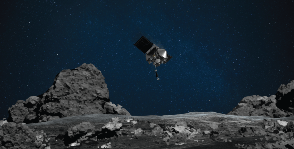 Image rendering shows OSIRIS-REx spacecraft descending toward asteroid Bennu to collect a sample of the asteroid’s surface. (NASA/Goddard/University of Arizona)