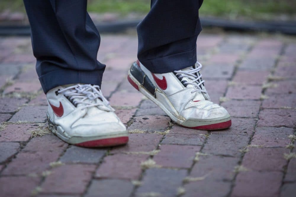 Senator Ed Markey's sneakers at rally on Boston Common. (Robin Lubbock/WBUR)