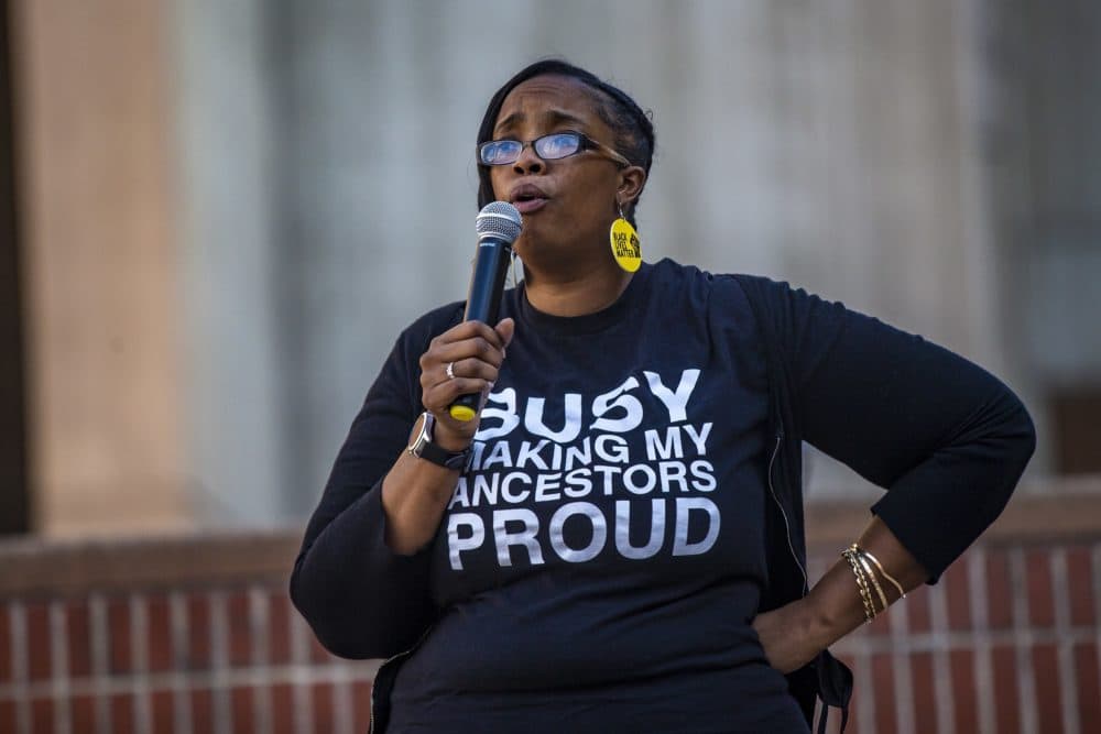 Monica Cannon-Grant speaks at the What this Win Means for Black Lives rally at City Hall Plaza. (Jesse Costa/WBUR)