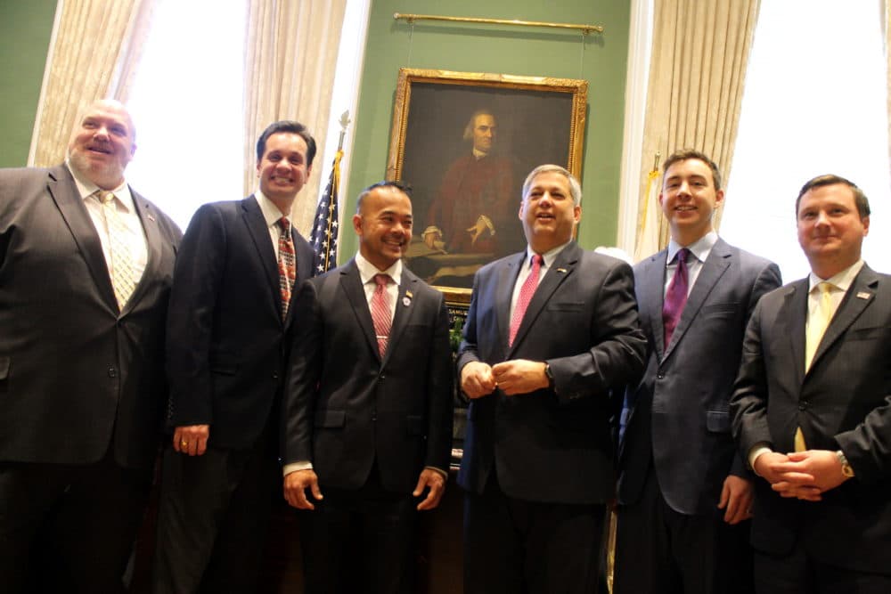 The Senate Republican caucus boasted six members when Sen. Dean Tran (third from left) was sworn into office just before Christmas in 2017. Since then, (from left) Sens. Donald Humason of Westfield and Vinny deMacedo of Plymouth have resigned their seats to pursue other jobs and Tran, of Fitchburg, lost his reelection bid Tuesday, leaving Sens. Bruce Tarr of Gloucester, Ryan Fattman of Sutton, and Patrick O'Connor of Weymouth as a caucus of three for the 2021-2022 session. (SHNS File Photo 2017)