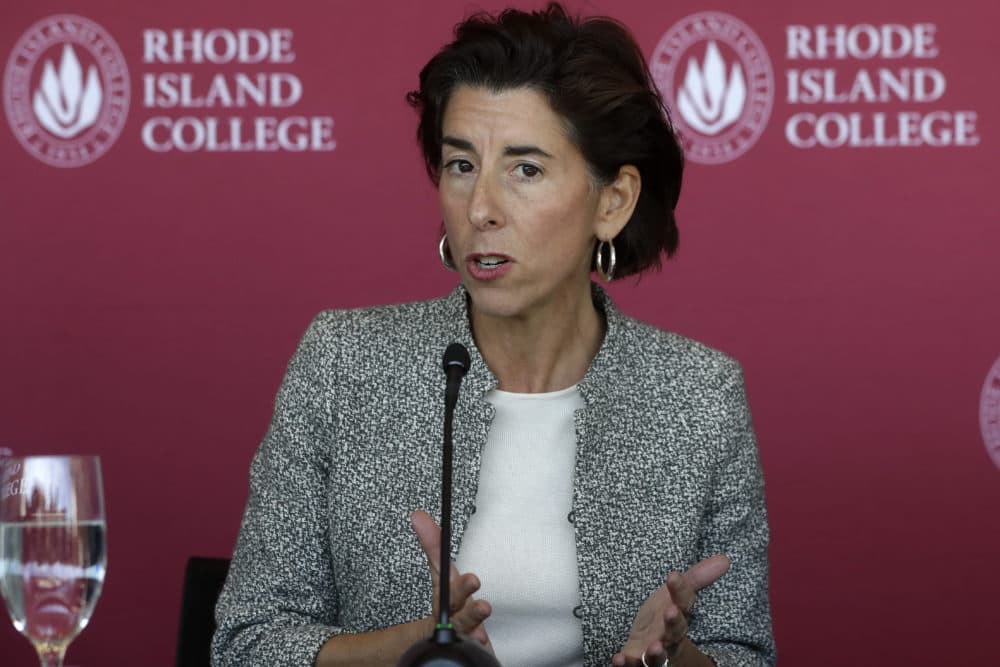 Rhode Island Gov. Gina Raimondo speaks to the media, Oct. 24, 2019, on the campus of Rhode Island College, in Providence. (Steven Senne/AP)