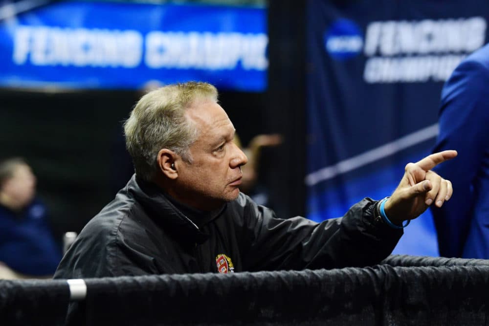 Head coach Peter Brand talks to an athlete in the Saber semi finals during the Division I Women's Fencing Championship held at The Wolstein Center on the Cleveland State University campus on March 24, 2019 in Cleveland, Ohio. (Photo by Jason Miller/NCAA Photos via Getty Images)