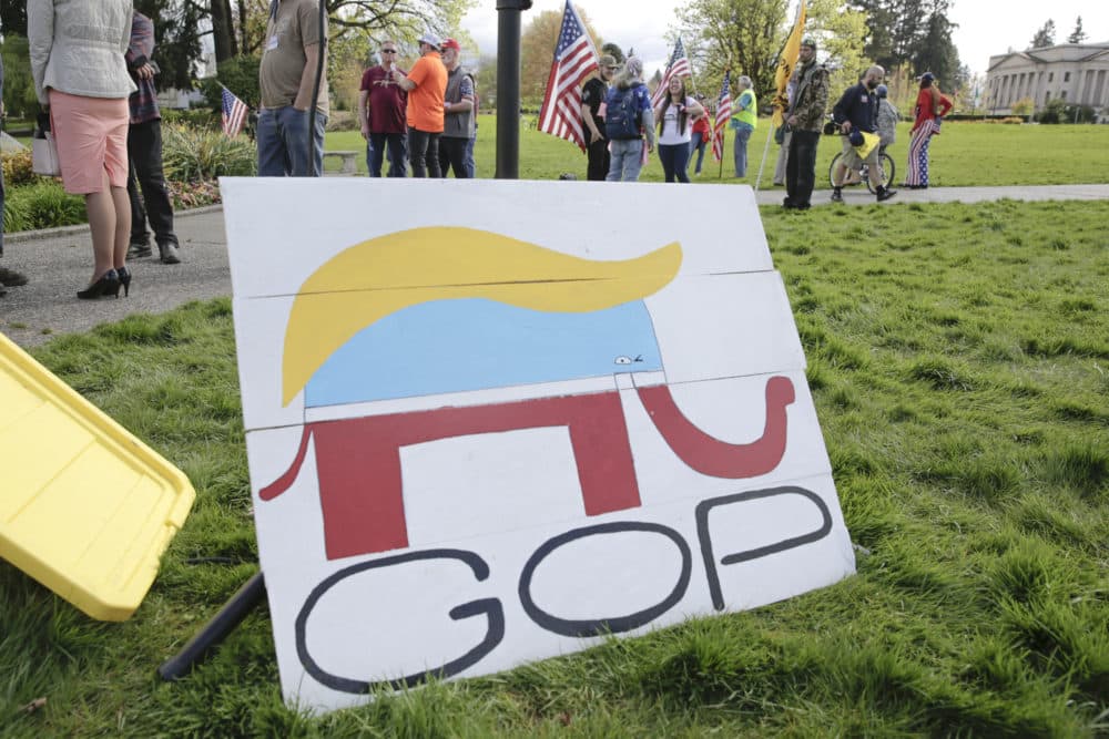 A Republican Party elephant logo is pictured with the hair of US President Trump during a demonstration against Washington state's stay-home order at the state capitol in Olympia, Washington, on April 19, 2020. (Jason Redmond/AFP via Getty Images)