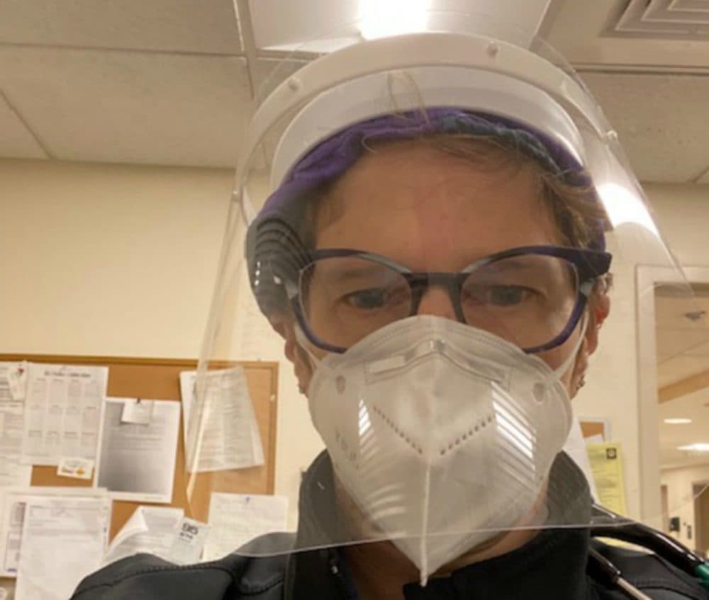 Dr. Pamela Adelstein wearing a mask and face shield. (Courtesy)