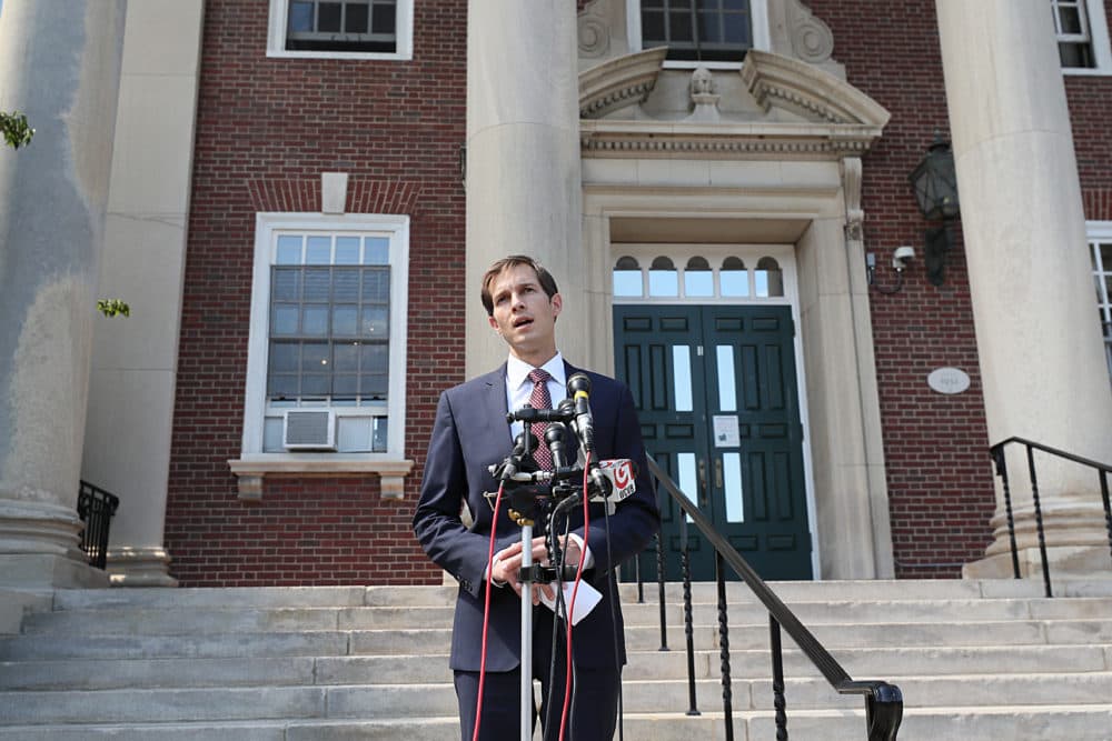Jake Auchincloss addresses the media after he is declared the winner of the 4th Congressional District primary race in September. (Suzanne Kreiter/The Boston Globe via Getty Images)