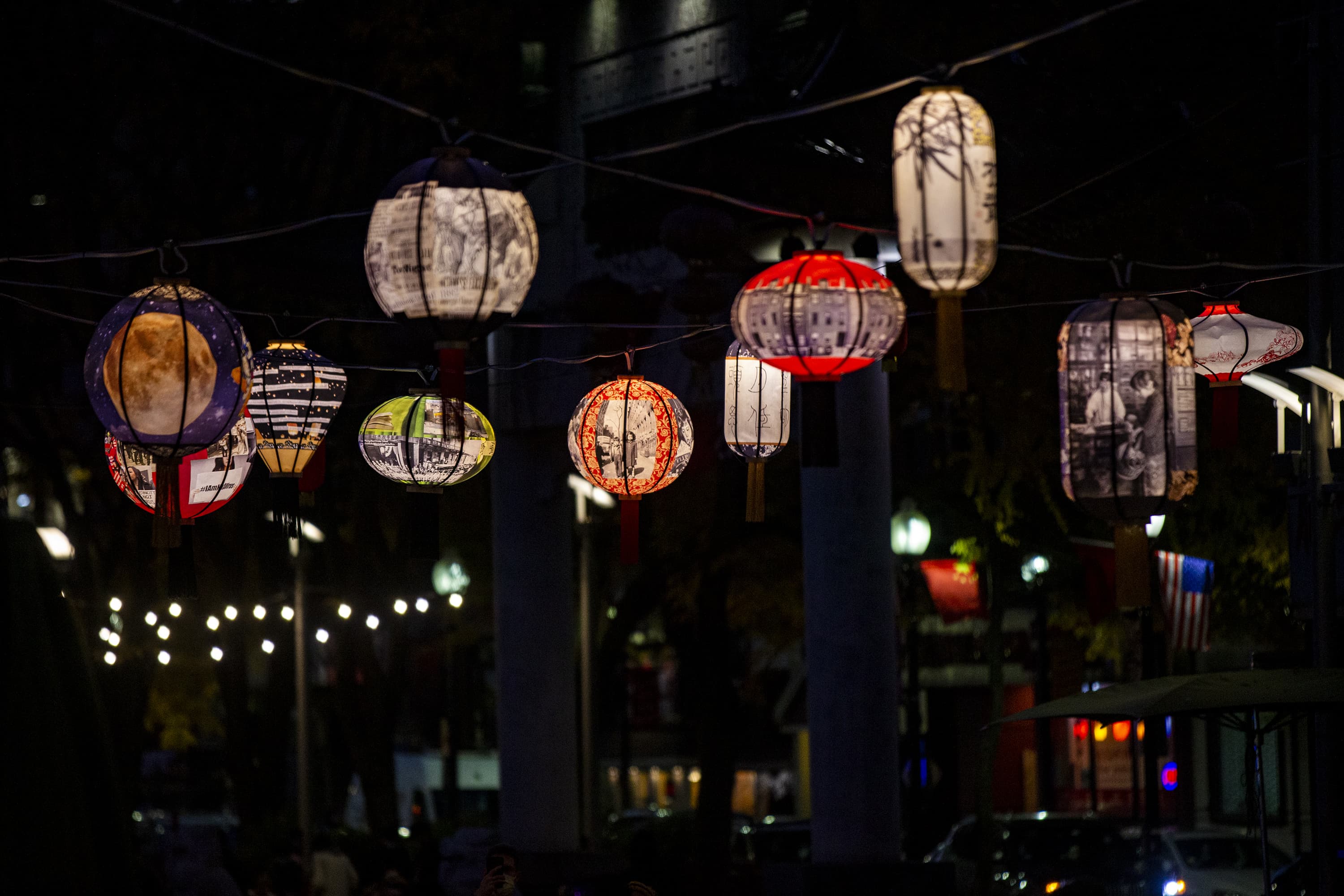 The ‘Lantern Stories’ art installation by Boston artist Yu-Wen Wu adorned the Rose Kennedy Greenway in Chinatown earlier this year. (Jesse Costa/WBUR)