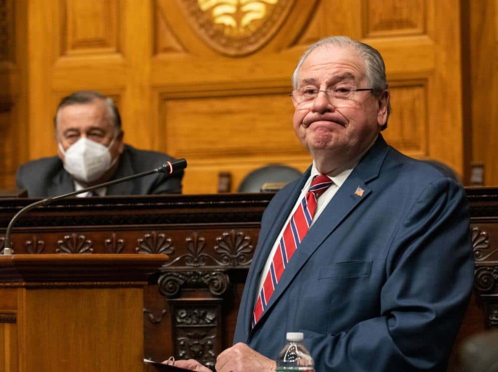 Speaker Robert DeLeo gave his farewell address in the House Chamber on Tuesday afternoon. Sitting behind him was Majority Leader Ron Mariano (left), who is expected to become speaker on Wednesday. (Sam Doran/SHNS)
