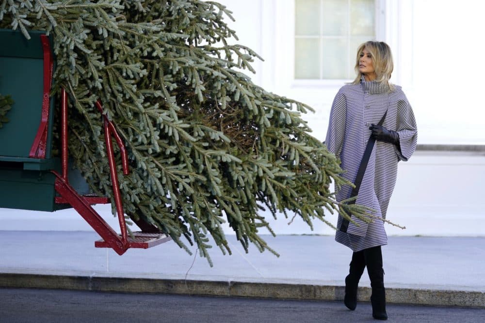 First lady Melania Trump walks around the 2020 official White House Christmas tree after it arrived at the White House in Washington, Monday, Nov. 23, 2020. This year's tree is an 18.5-foot Fraser Fir, selected and cut from Dan and Bryan Trees in Shepherdstown, W. Va. (Andrew Harnik/AP