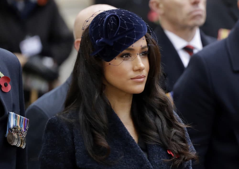 In this Thursday, Nov. 7, 2019 file photo Meghan the Duchess of Sussex stands after she and her husband Britain's Prince Harry placed a Cross of Remembrance as they attend the official opening of the annual Field of Remembrance at Westminster Abbey in London. The Duchess of Sussex has revealed that she had a miscarriage in July. Meghan described the experience in an opinion piece in the New York Times on Wednesday. She wrote: &quot;I knew, as I clutched my firstborn child, that I was losing my second.&quot; The former Meghan Markle and husband Prince Harry have a son, Archie, born in 2019. (Matt Dunham/AP)