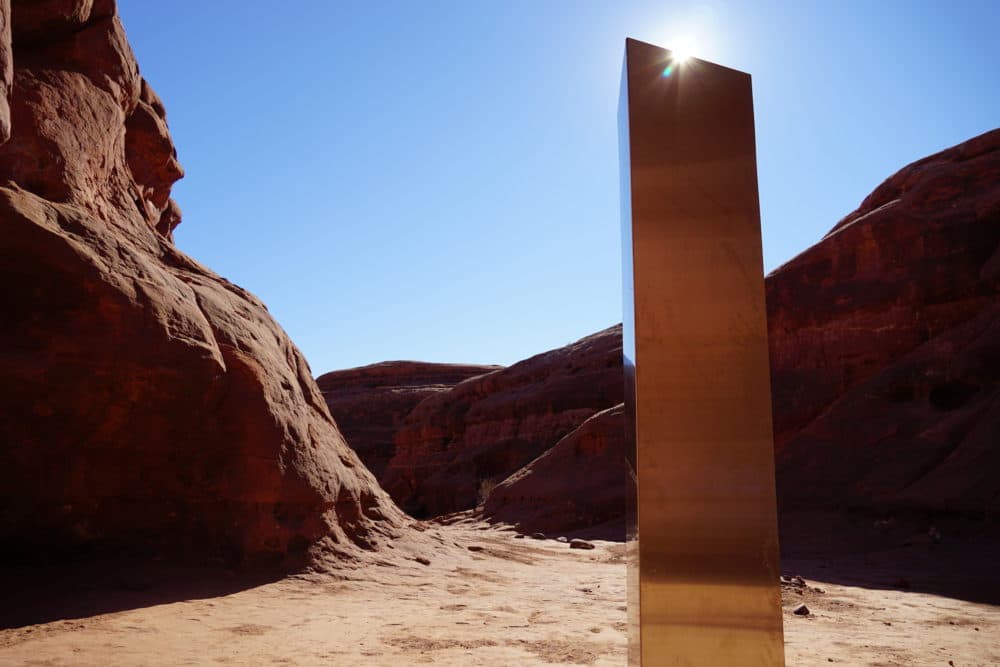 The mysterious stainless steel obelisk vanished a week after it was discovered. (Photo by Zak Podmore/The Salt Lake Tribune)
