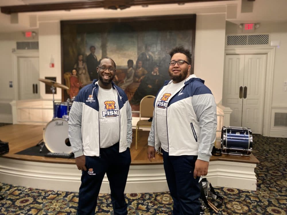 Fisk band director Thomas Spann, Jr., left, and Fisk assistant band director MarVelous Brown, right, have been at the forefront of reviving the Fisk University Marching Bulldogs. (Damon Mitchell/WPLN)
