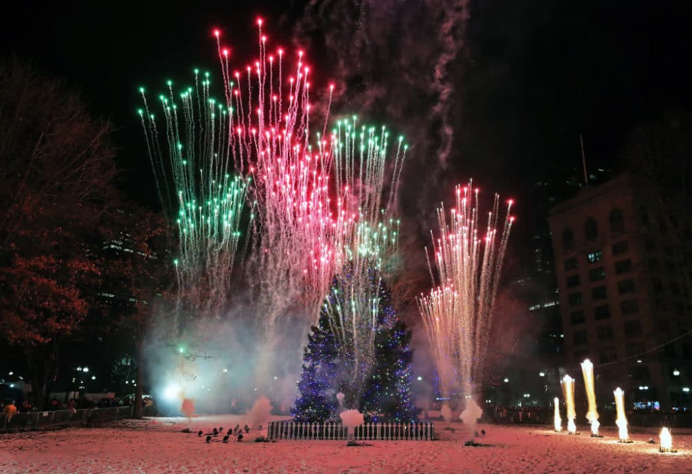 BOSTON, MA - DECEMBER 5: Fireworks explode around the Christmas tree on Boston Common at the conclusion of the festivities at the 78th annual tree lighting at the Boston Common on Dec. 5, 2019. (Photo by Jim Davis/The Boston Globe via Getty Images)