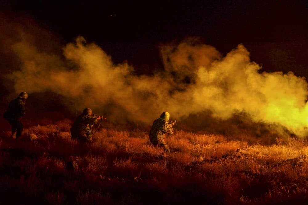 In this picture taken on Nov. 15, 2020 Afghan National Army (ANA) soldiers take part in a military exercise at a base in Guzara, Herat province. (Hoshang Hashimi/AFP via Getty Images)