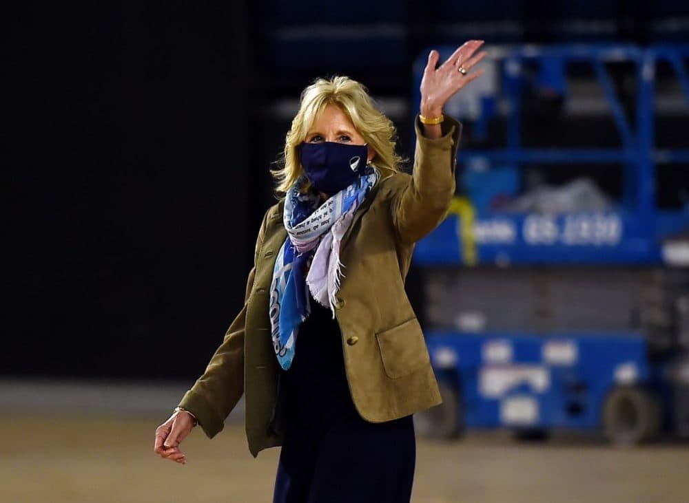 Jill Biden arrives to join Operation Gratitude to assemble care packages for deployed U.S. troops, on December 10, 2020, in Washington, DC.  (Olivier Douliery/AFP) 