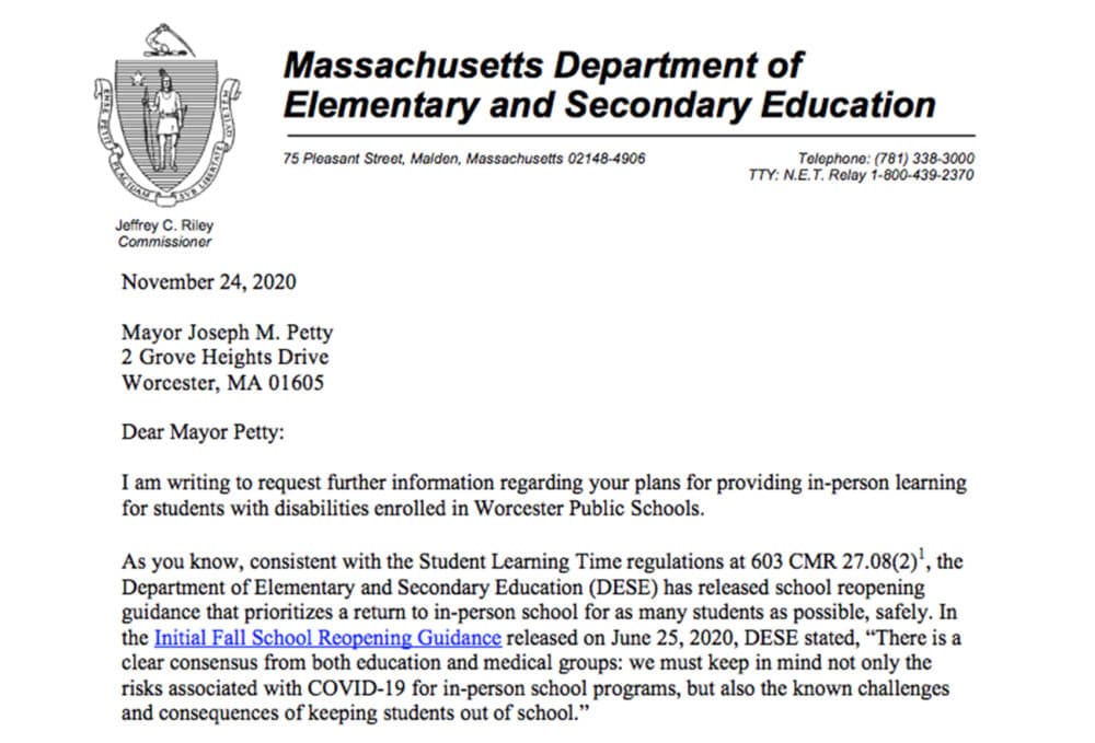 Screenshot of a portion of the letter sent to Worcester Public Schools.
