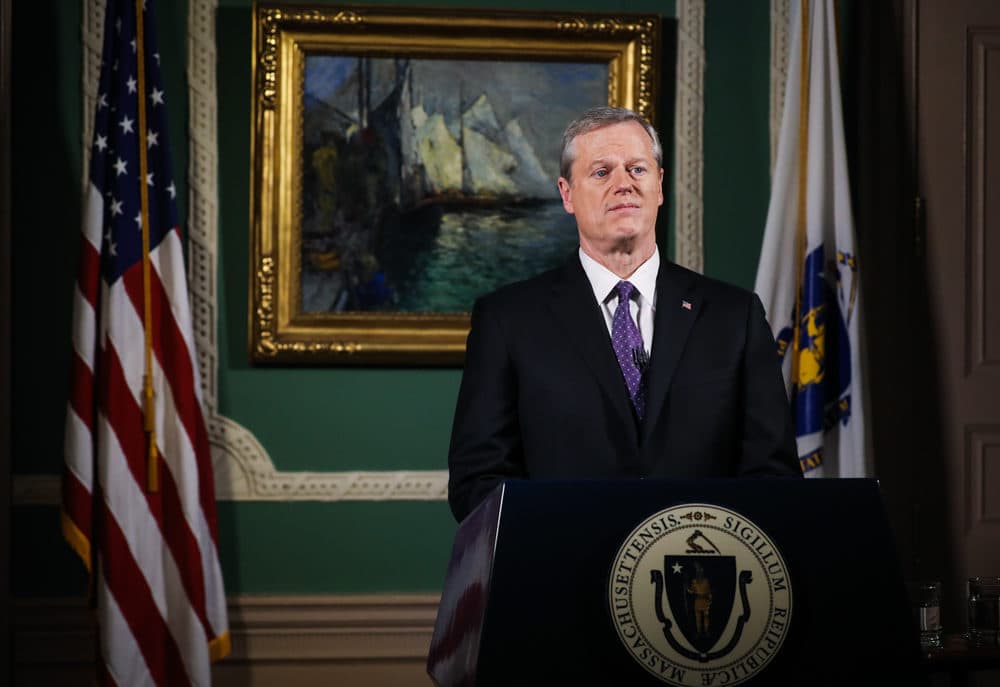 Gov. Charlie Baker delivers his televised State of The Commonwealth address from his ceremonial State House office. (Erin Clark/Boston Globe/Pool via SHNS)