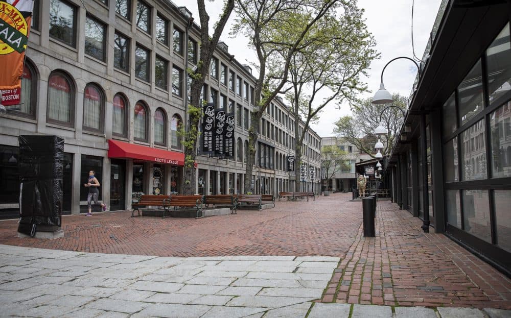 An empty Faneuil Hall on a Monday in May 2020 as the pandemic shut down most businesses. (Robin Lubbock/WBUR)