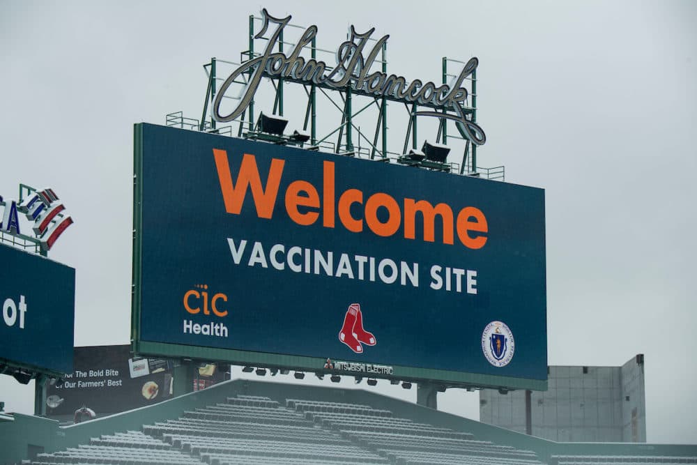 January 27, 2021, Boston, MA:
The scoreboard displays signage as the ballpark is prepped to become a COVID-19 Coronavirus public vaccination site at Fenway Park in Boston, Massachusetts Wednesday, January 27, 2021.  
(Photo by Billie Weiss/Boston Red Sox)