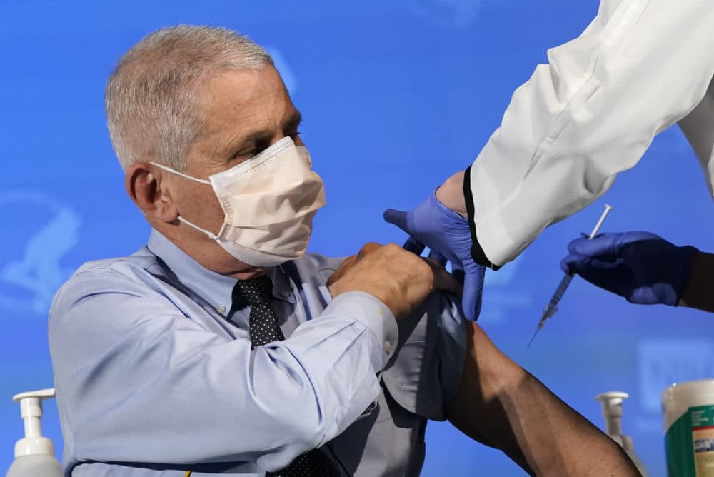 Dr. Anthony Fauci, director of the National Institute of Allergy and Infectious Diseases, prepares to receive his first dose of the COVID-19 vaccine at the National Institutes of Health in Bethesda, Md.(Patrick Semansky/AP)