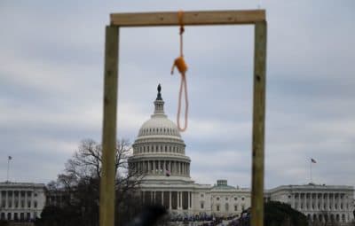 A noose is seen on makeshift gallows as supporters of US President Donald Trump gather on the West side of the US Capitol in Washington DC on January 6, 2021. (Andrew Caballero-Reynolds/AFP via Getty Images)