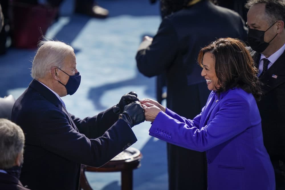 U.S. President-elect Joe Biden fist bumps newly sworn-in Vice President Kamala Harris after she took the oath of office on the West Front of the U.S. Capitol on January 20, 2021 in Washington, DC.  (Drew Angerer/Getty Images)