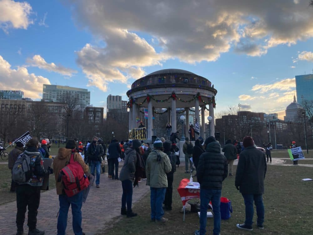 Protesters gathered near the Parkman Bandstand in Boston Common on Inauguration Day. (Shannon Dooling/WBUR)