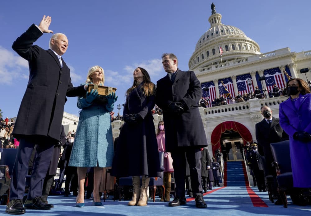 Joe Biden is sworn in as the 46th president of the United States by Chief Justice John Roberts as Jill Biden holds the Bible during the 59th Presidential Inauguration at the U.S. Capitol in Washington, Jan. 20, 2021.(AP Photo/Andrew Harnik, Pool)