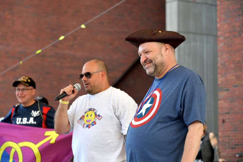 Mark Sahady, center, and John Hugo, right, are seen at the Boston Straight Pride Parade and Rally organized by Super Happy Fun America on Aug. 31, 2019 in Boston. (Paul Marotta/Getty Images)