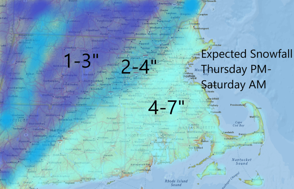 Snow could pile up to near 7 inches over the next couple of days in some areas. (Dave Epstein/WBUR)