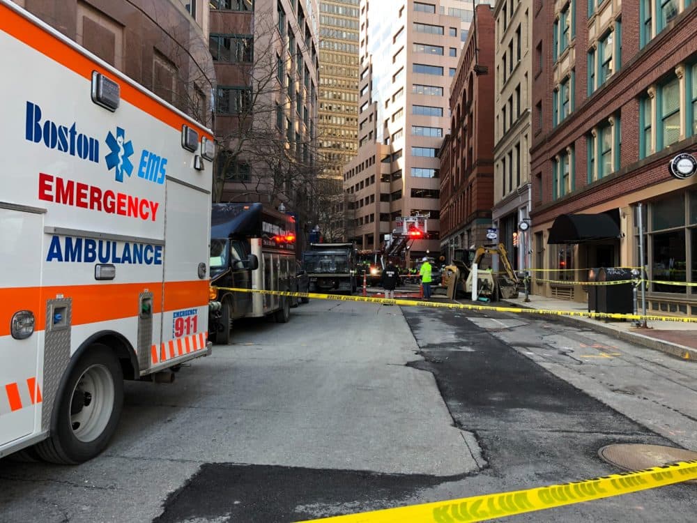The site where two people died when they were struck by a truck at a construction site in February 2021 in downtown Boston. (Quincy Walters/WBUR)