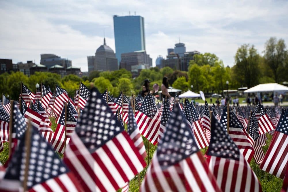 More than 37,000 American flags were planted at the annual Massachusetts Military Heroes Flag Planting at the Boston Common in May 2020. (Jesse Costa/WBUR)