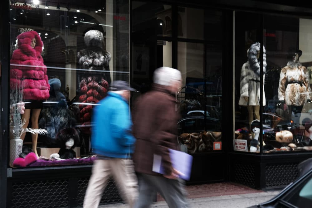 Fur coats and hats are displayed in the window of a fur store in the fur district in Manhattan on March 29, 2019. (Spencer Platt/Getty Images)