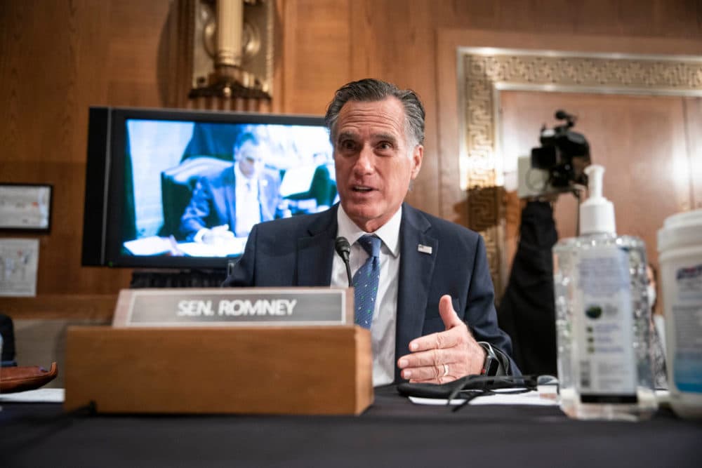 Sen. Mitt Romney (R-UT) questions Xavier Becerra, nominee for Secretary of Health and Human Services (HHS), at his confirmation hearing before the Senate Health, Education, Labor and Pensions Committee on February 23, 2021 in Washington, DC. (Sarah Silbiger/Getty Images)