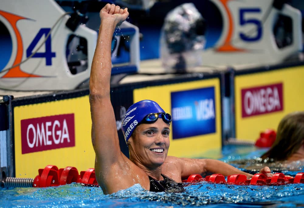 Dara Torres celebrates after she competed in the second semi final heat of the Women's 50 m Freestyle during Day Seven of the 2012 U.S. Olympic Swimming Team Trials at CenturyLink Center on July 1, 2012 in Omaha, Nebraska. (Jamie Squire/Getty Images)