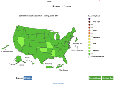 Green means low flu levels on this CDC map.