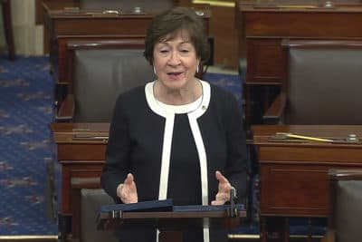 In this image from video, Sen. Susan Collins, R-Maine, speaks after the Senate acquitted former President Donald Trump in his second impeachment trial in the Senate on Feb. 13. (Senate Television via AP)