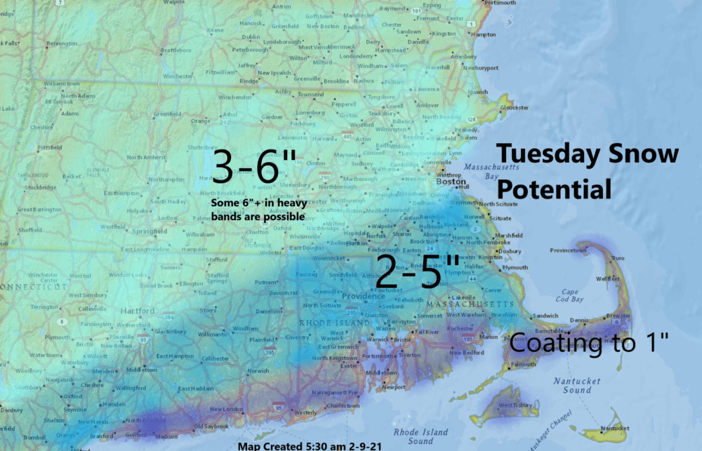 Snowfall estimates for Tuesday, Feb. 9.