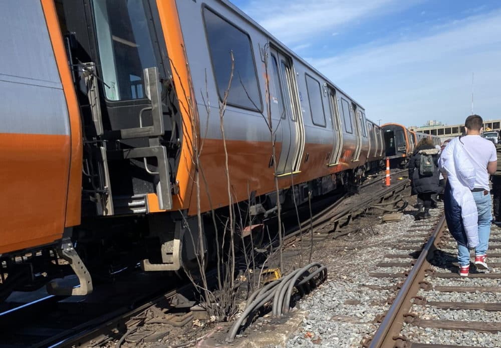 An Orange Line train derailed Tuesday. (Courtesy @thetrueboston on Twitter via SHNS)